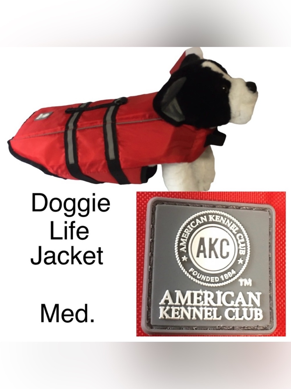 AKC Dog Life Jacket Red Med. HOOK & loop closure AND snap clips. NWOT